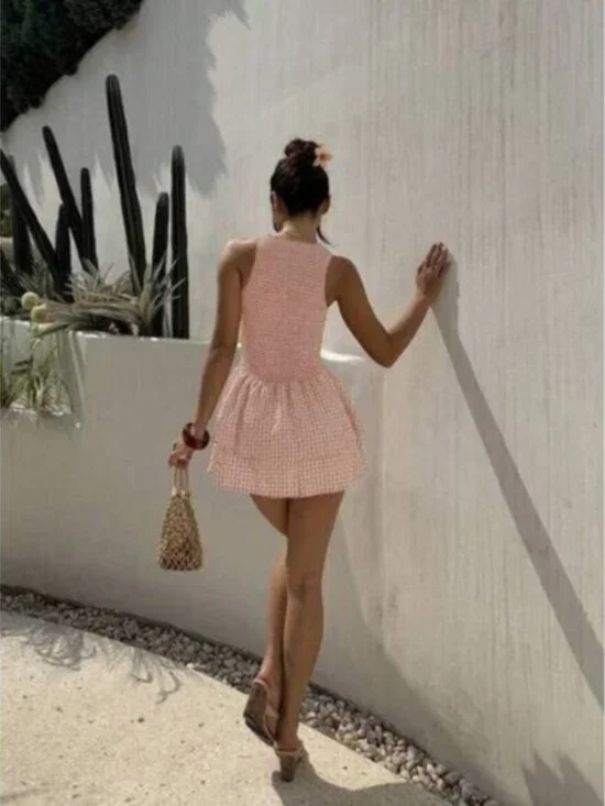 New Blue Plaid Sleeveless Bodycon Mini Dress, Sweet French Style For Vacat - Picture 2 of 7